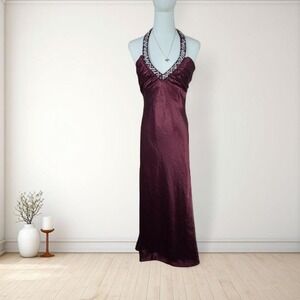 y2k burgundy halter satin maxi dress beaded neckline prom formal vintage glam